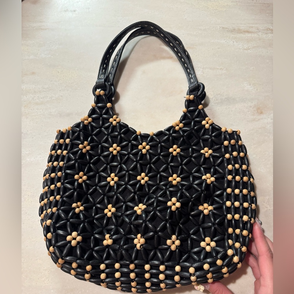 Nine West Boho Style Handcrafted Black Tan Wood Bead Flower Bag
